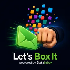 A human fist launches a green DataInbox envelope, representing experts and a customer accepting a Box It Challenge together
