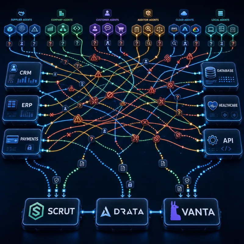 Leverancier, bedrijf, klant, auditor, cloud- en lokale agents verbinden zich rechtstreeks met CRM, ERP, betalingen, databases, gezondheidszorg en APIs zonder één controlepunt; Scrut, Drata en Vanta ontvangen hieronder bewijs